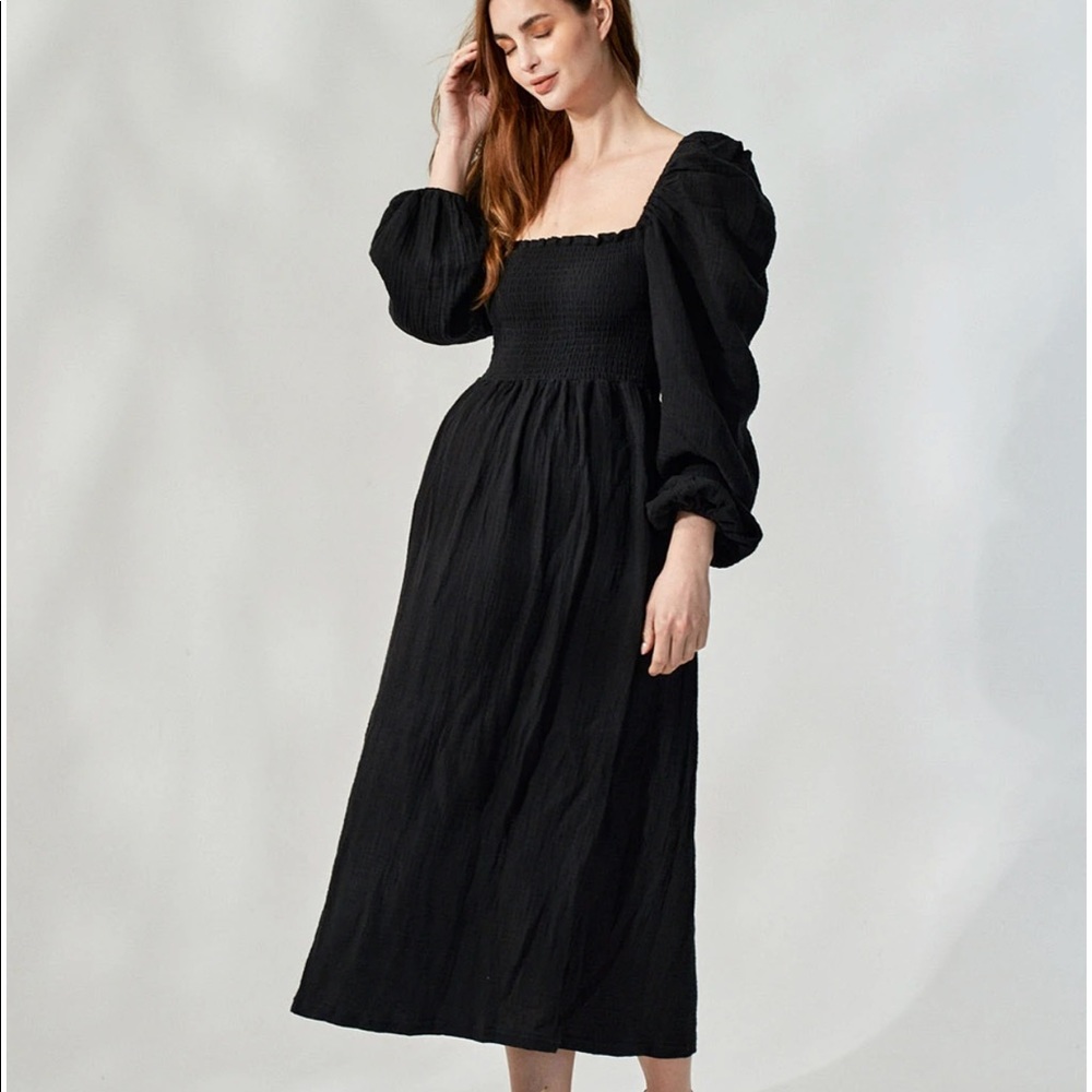 Black Puff-Sleeve Smocked Midi Dress
